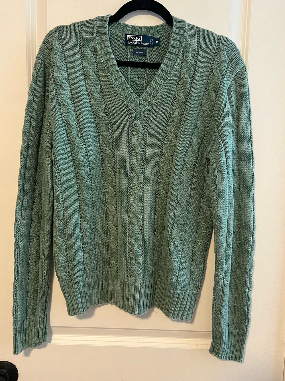 VNTG Polo Ralph Lauren 100% Silk Teal V-Neck Cable Knit Sweater